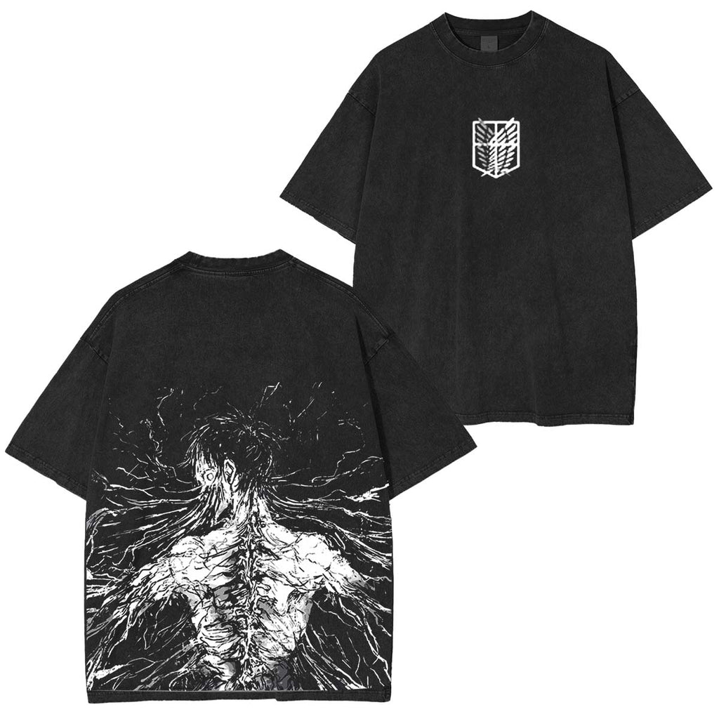 Retro Heavy Eren Yeager x Attack On Titan Anime Printed Oversized Washed T-Shirt