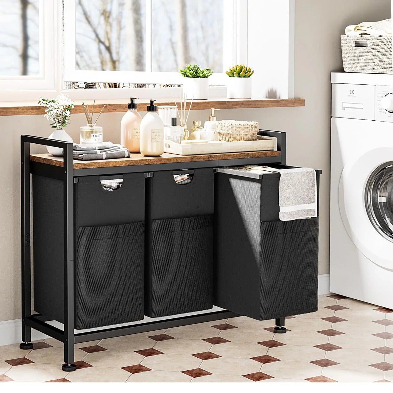 3-Compartment Laundry Sorter with Storage Shelf