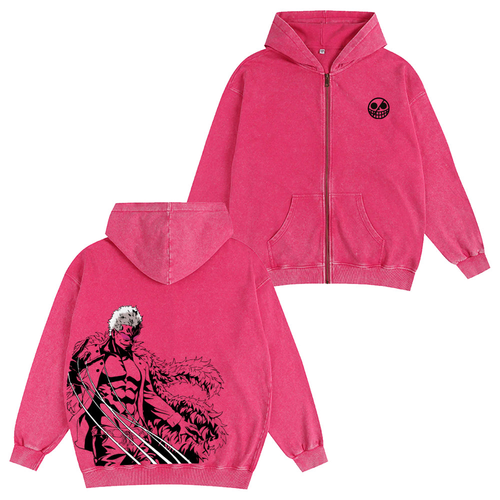 One Piece Doflamingo Unisex Washed Zip Up Hoodie