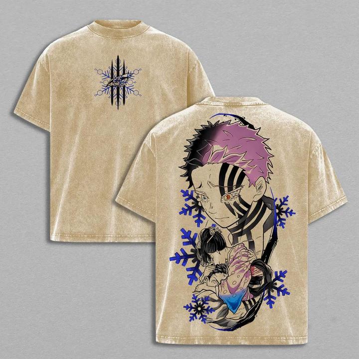 Akaza vs Koyuki Washed Oversized Tee ¨C Demon Slayer Vintage Heavy Cotton Anime T-Shirt